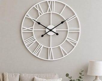 White Rustic Roman Numeral Wall Clock - 60cm Silent Metal Art Modern Home Decor