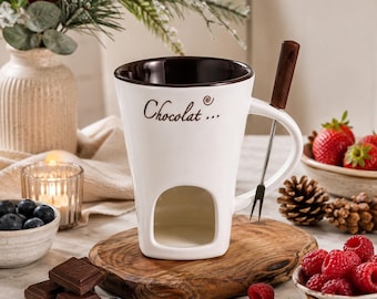 Fondue mug gift set, ceramic mugs with tealight stand, chocolate fondue kit gift wrapped