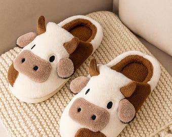 Plush Cow Slippers, Fluffy Animal House Shoes, Cozy Indoor Footwear, Kawaii Loungewear
