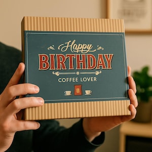 Könnte beinhalten: Eine rechteckige Geschenkbox mit einem blauen Feld mit den Worten "Happy Birthday" in einer dekorativen Schriftart. Die Box ist für einen Kaffeeliebhaber konzipiert, mit Kaffeetassen-Illustrationen. Die Box hat ein Streifenmuster.