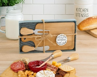 Bamboo Charcuterie Board Gift Set: Rustic Cheese Board with Knives