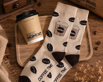 Coffee Bean Pattern Socks, Unisex Novelty Socks, Cream Brown