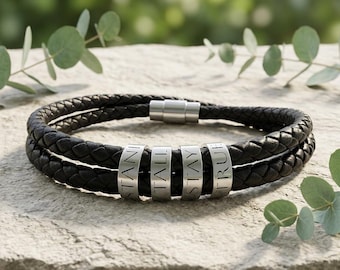 Braided Leather Bracelet with Engraved Metal Beads | Customisable Men's Leather Bracelet Inspirational Gift