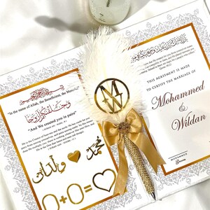 Custom Muslim marriage contract inside a velvet Nikkah certificate booklet with a matching keepsake box for an Islamic wedding ceremony. It also comes up with a feather pen.
