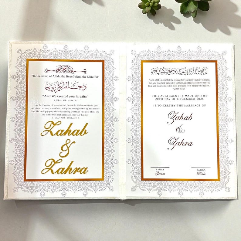 May include: Open wedding invitation with gold foil text and ornate borders. The invitation includes Arabic script and the names "Zahab & Zahra". The date "20th day of December 2025" is also visible.