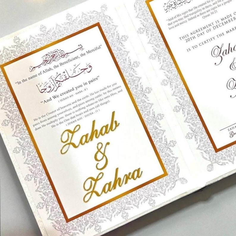 Custom Muslim marriage contract inside a velvet Nikkah certificate booklet with a matching keepsake box for an Islamic wedding ceremony.