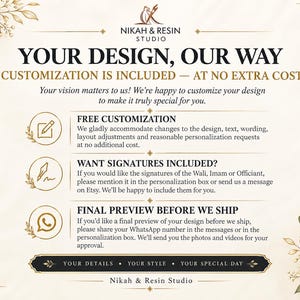 Pode incluir: Um gr&aacute;fico informativo na cor creme da Nikah & Resin Studio com detalhes florais. O texto inclui: YOUR DESIGN, OUR WAY, CUSTOMIZATION IS INCLUDED, FREE CUSTOMIZATION, WANT SIGNATURES INCLUDED, FINAL PREVIEW BEFORE WE SHIP e YOUR DETAILS.