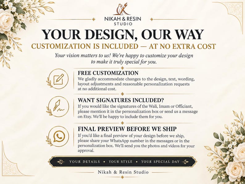 Pode incluir: Um gr&aacute;fico informativo na cor creme da Nikah & Resin Studio com detalhes florais. O texto inclui: YOUR DESIGN, OUR WAY, CUSTOMIZATION IS INCLUDED, FREE CUSTOMIZATION, WANT SIGNATURES INCLUDED, FINAL PREVIEW BEFORE WE SHIP e YOUR DETAILS.