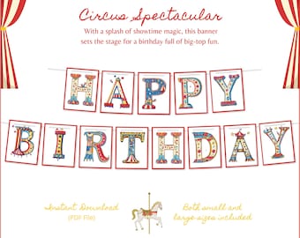 Baner urodzinowy z cyrkiem, dekoracja na imprezę do druku (plik PDF)