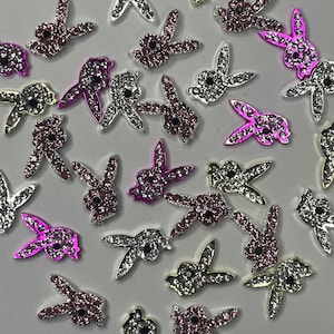Dijes de uñas de conejito con diamantes de imitación cromados / Parte posterior plana con ligera curva / Dijes de uñas 3D Kawaii Y2K DIY para manualidades y uñas 10 PIEZAS