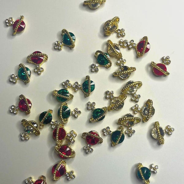 Gold Chrome Planet Saturn Nail Charms: Emerald, Red, Clear (10 PIECES)