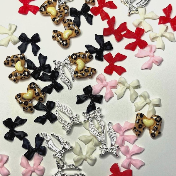 Resin Bow Nail Charms Flatback: Leopard, Red, Black, Silver, Pink, White (10 PIECES)