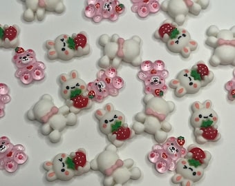 Cute Summer Strawberry and Pink Bow Teddy Bear, and Bunny Nail Art Charms | 3D Nail Charms DIY for crafts and Nails 10 PIECES