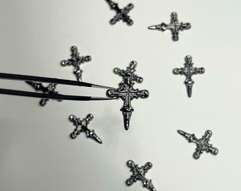 Retro Punk Metal Cross Nail Charms: 3D DIY Flatback, 10 Pieces