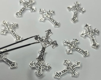 Rhinestoned Cross Nail Charms: Retro Punk Goth DIY - 10 PIECES