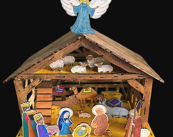 LED Christmas Nativity Scene SVG | Laser Cut Stable Manger Creche | Rustic Wood Effect Nativity | Lightburn File | Digital Download