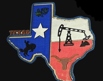 Rustic Wooden Texas Magnet | Cowboy, Oil Pump Jack, Bluebonnet, Longhorn Souvenir