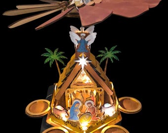 Illuminated Nativity Candle Carousel – Christmas Pyramid – USB Powered Warm Glow & Candle Rotation - Painted