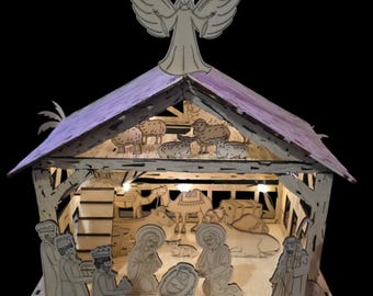 LED Lit Wooden Nativity Scene | Laser Cut Christmas Stable | Light Up Nativity Set | Bethlehem Star Backdrop | Rustic Farmhouse