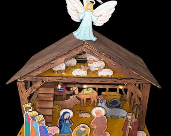 LED Lit Wooden Nativity Scene | Laser Cut Christmas Stable | Light Up Nativity Set | Bethlehem Star Backdrop | Rustic Farmhouse