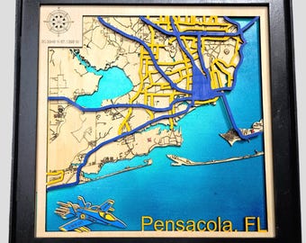 3D Layered Pensacola Florida Map | Blue Angels Jet, Coastal Wood Wall Art Framed