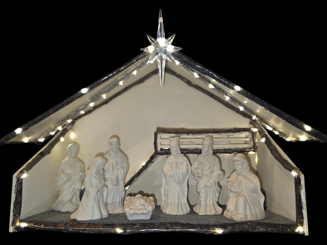 LED Lighted Nativity Scene | Rustic White Christmas Manger With Figures ...