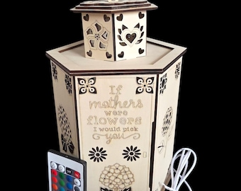 Mother’s Day Wooden Lantern – Hydrangea, Rose or Mixed Flower Design - LED USB Light
