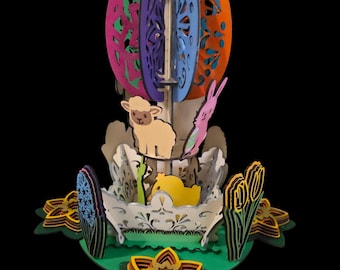 Motorized Easter Centerpiece – Rotating Egg, Layered Wooden Spring Flowers, Table Decor