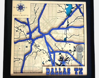 3D Wood Dallas Texas City Map – Layered Laser Cut Wall Art, Reunion Tower Decor