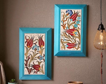 Handmade Turkish Tile Wall Art, Blue Wooden Framed, Set of 2