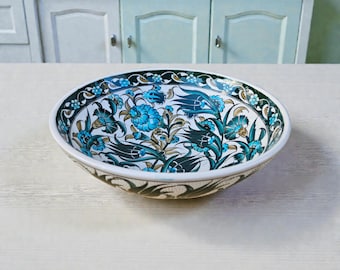 Large Hand Painted Turkish Ceramic Bowl, 12 inch Fruit Bowl, Centerpiece Pottery