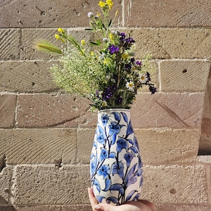 Handmade Ceramic Vase  - White Blue Ceramic Vase - Long  Narrow Vase -  Decorative Pottery for Home  - Hand painted Blue Vase