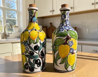 Juego de aceite y vinagre de limón mediterráneo, decoración de cocina de cerámica pintada a mano