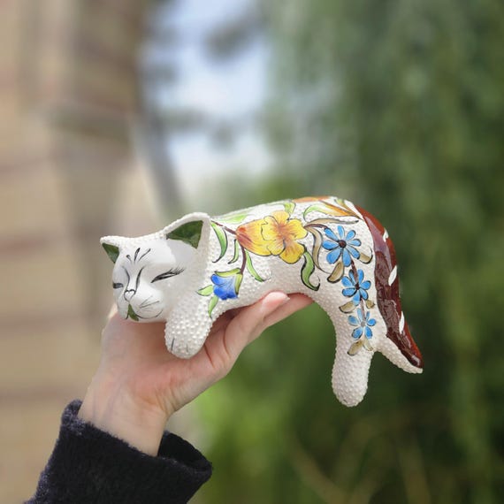 Handmade Ceramic Sleeping Cat Figurine: Floral Shelf Decor - Etsy