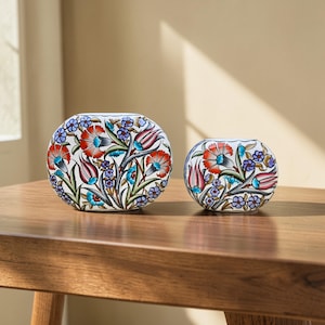 Pastel Floral Flat Ceramic Vase, Hand Painted Turkish Bloom Pottery Collection