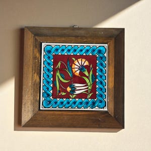 Handmade Turkish Ceramic Wall Art: Floral Tile with Wood Frame