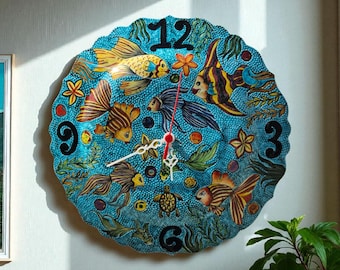 Ocean Theme Keramik Wanduhr: Türkis Sea Life Art, Küstendekor