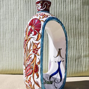 Turkish Pottery Vase with Floral Designs, Hand Painted Anatolian Art |   Hollow Center Decorative Vase |