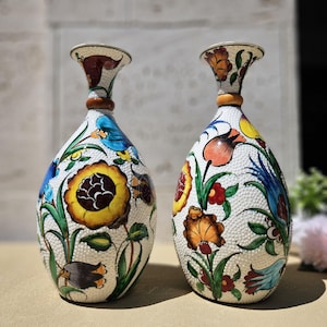 Hand Painted Turkish Ceramic Bottle Vase, Ottoman  Style Floral Motifs Vase Decor, Bohemian Eclectic Pottery Unique Gift, Home Accent