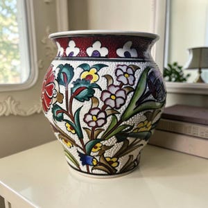 Hand-Painted Turkish Ceramic Vase, Embossed Floral Pottery, Decorative Flower Pot