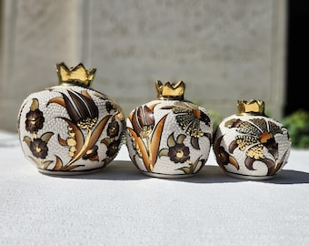 Ceramic pomegranate vase set with 12k gold accents, handmade decorative brown floral Turkish tile design, traditional 3-piece ceramic decor