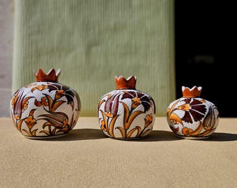 Decorative Ceramic Pomegranate  Vase Set – Brown Ceramic Decor  – Hand Painted Brown Tones Ceramic Decor-  3 pcs Unique Pomegranate Decor