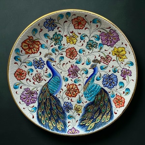 12インチ孔雀セラミックプレート、12金マキシマリストオスマン壁掛けアート、トルコ職人による装飾