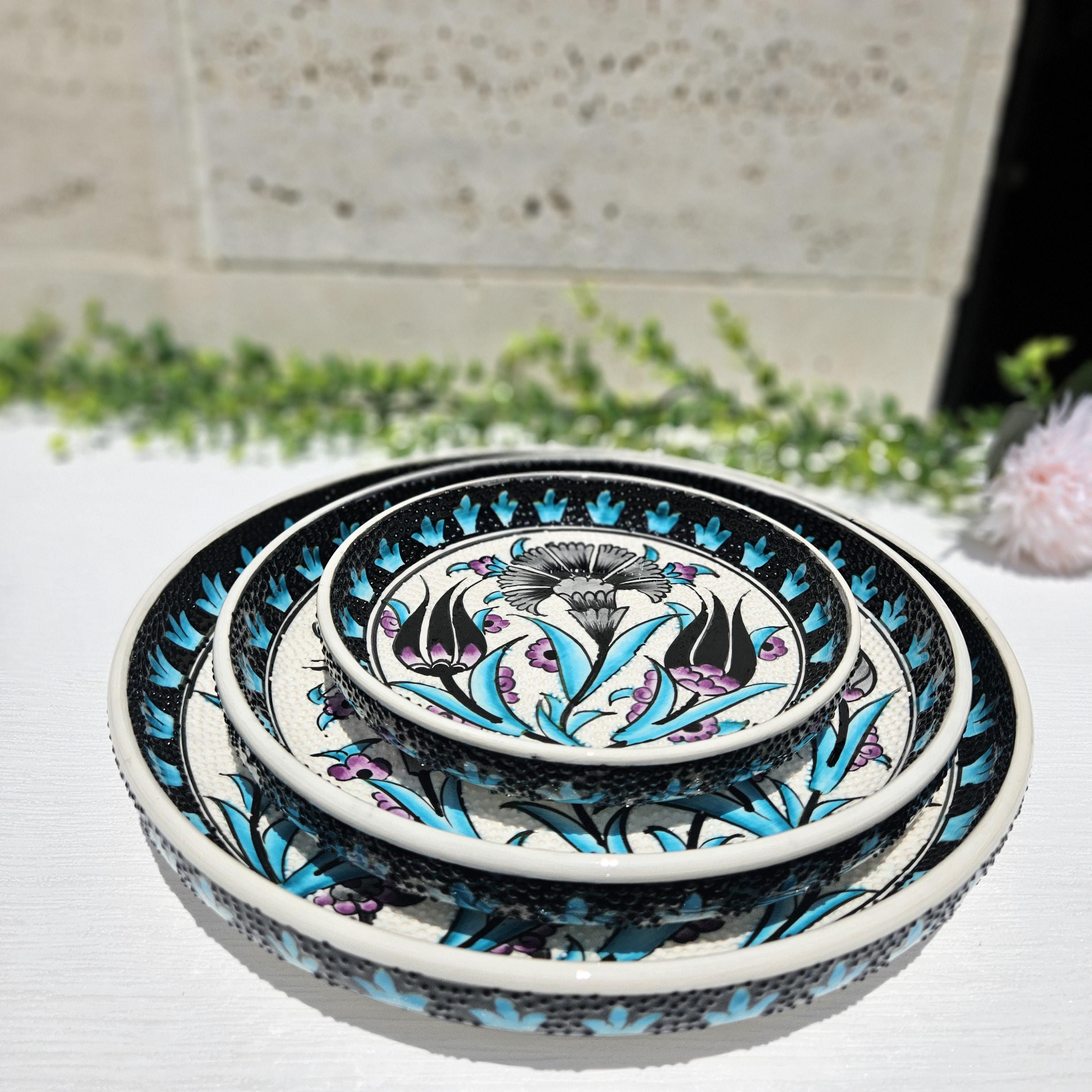 手作りトルコタイルプレートセット：青い花柄装飾（15 cm） - Etsy 日本