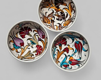 Hand-Painted Turkish Ceramic Bowl Set: Floral Appetizer Bowls, Set of 3
