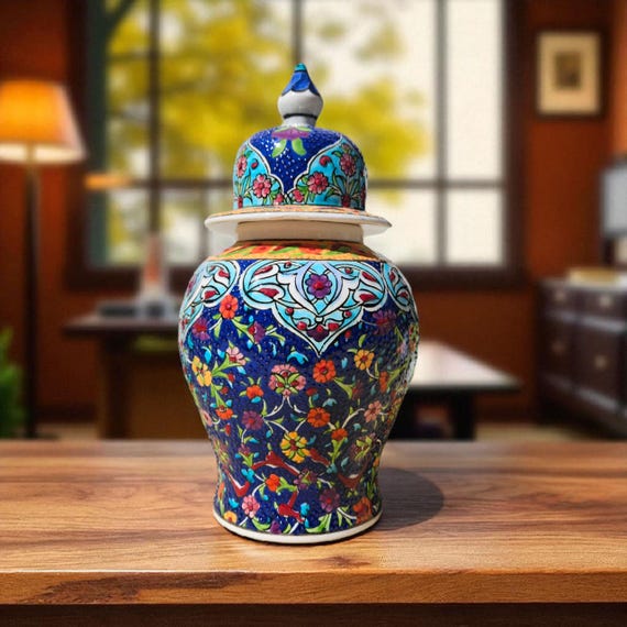 アンティーク 花柄陶器花器 蓋付き 陶器の瓶 青い花柄 約25cm 青い