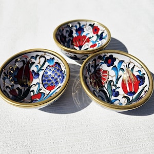 Handmade Turkish Ceramic Bowls Set: Gold Iznik Floral Trinket Dishes