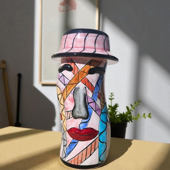 Abstraktes Gesicht Keramik Vase | Kubistische Kunst Wohnkultur | Handgemalte Moderne Dekorative Skulptur