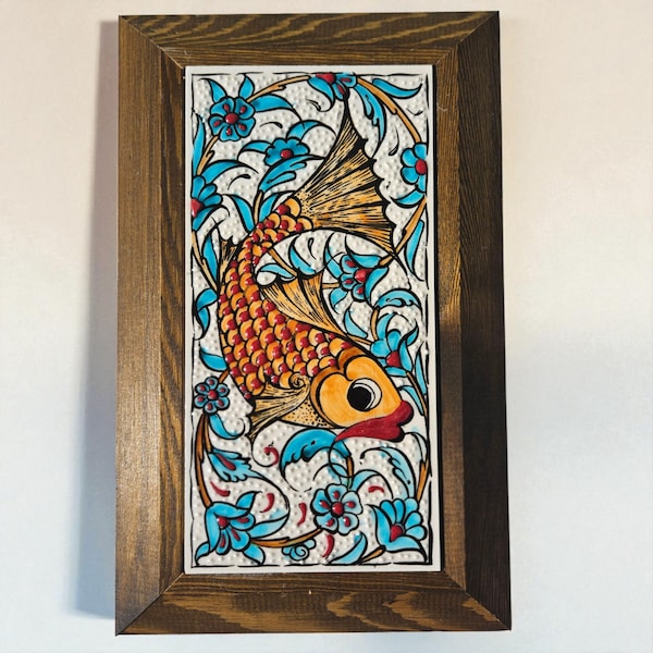 Handmade Framed Ceramic Koi Fish Tile  Wall Art - Floral Home Decor