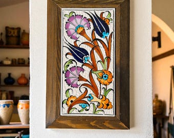 Turkish Ceramic Wall Art - Floral Tile Panel With Wood Framed
